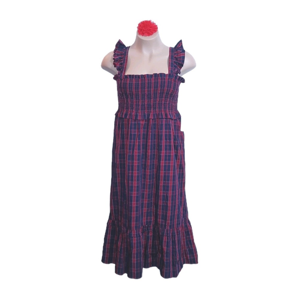 Nicole Miller Women Plaid Cotton Smocked Dress XL Red Blue Western Tartan Ruffle